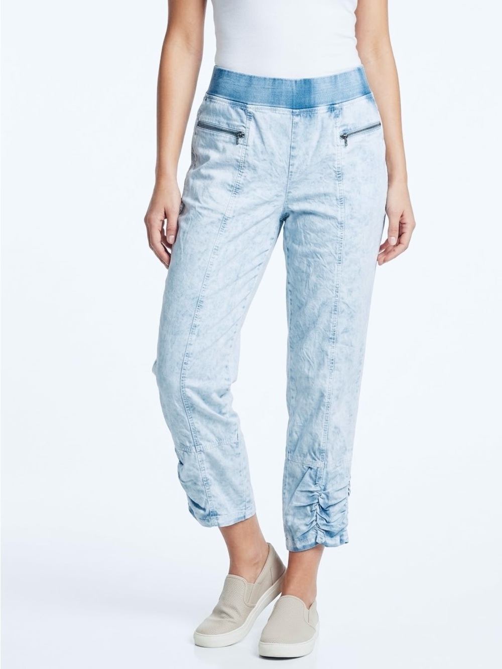 CHICO’S Stretchy Lightweight Pull-On Blue Cropped Ruched-Hem Jogger Pants — LHP